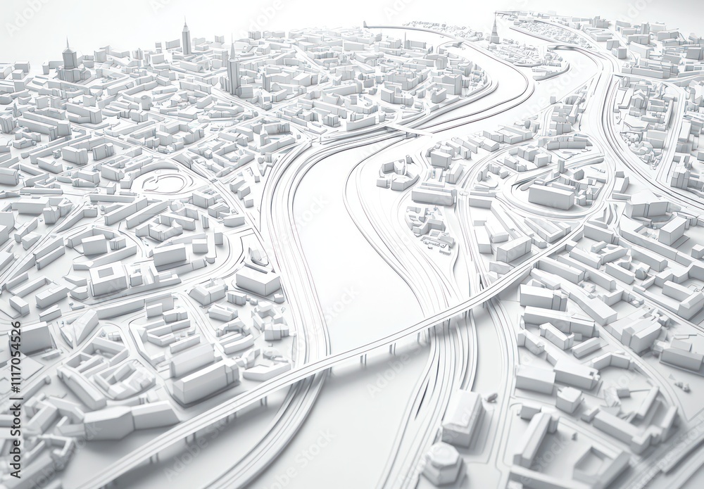 White 3D model of a city landscape with roads, rivers, and urban structures.