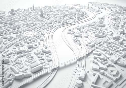 Obraz na płótnie White 3D model of a city landscape with roads, rivers, and urban structures. w salonie
