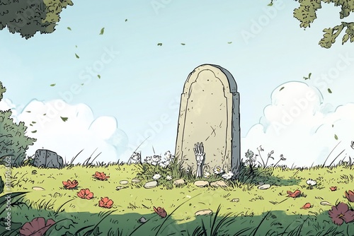 Eerie Cartoon Cemetery Scene with Rising Skeletal Hands and Wilted Flowers