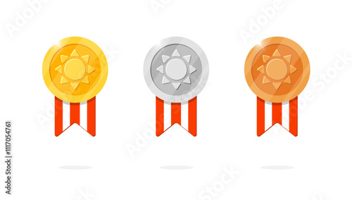 Gaming achievement medal badge set with ancient sun symbol and red striped ribbon. Gold, silver, bronze ranking medallion in ancient myth theme. Game leader bonus and winner place prize icon kit