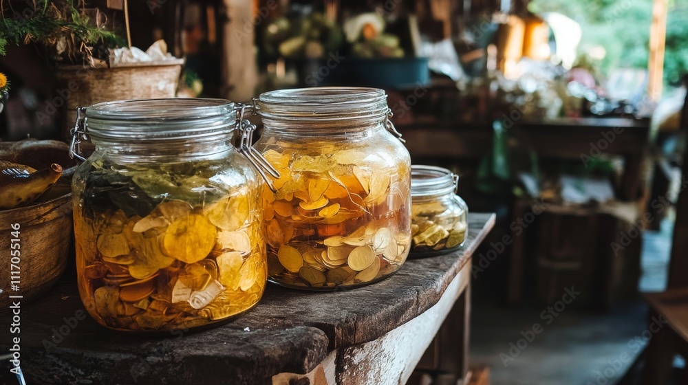 Glass jars with savings on the table - ai Glass jars with savings on the table - ai