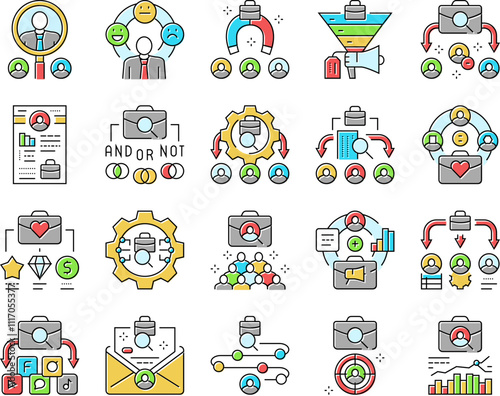 recruitment business work job icons set vector. people corporate, recruit interview, hr office, handshake company, manager meeting recruitment business work job color line illustrations