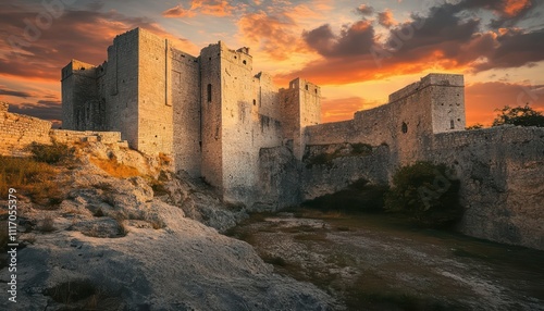 A historic castle ruins bathed in sunset light.