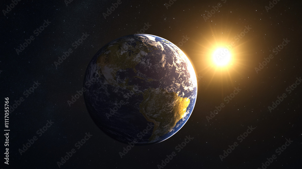 Fototapeta premium Earth axis diagram illustration showing the tilt of the Earth's rotational axis relative to its orbital plane, explaining the cause of seasonal changes and the distribution of sunlight.