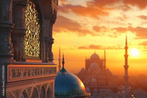 Stunning Close-Up of Mosque Silhouette Against Vibrant Sunset Sky photo