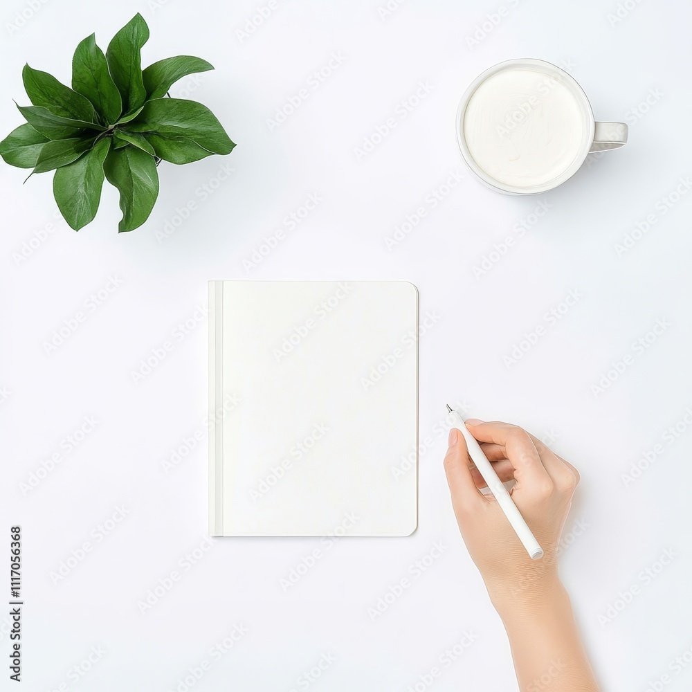 Obraz premium A serene workspace featuring a hand holding a pen, a blank notebook, a cup of milk, and a potted plant against a minimalistic background.