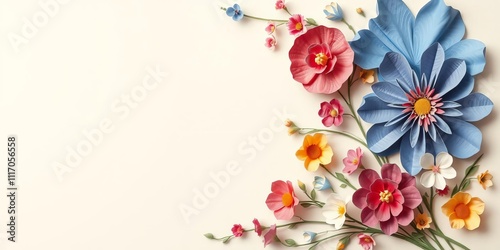 Fototapeta Naklejka Na Ścianę i Meble -  Decorative background featuring paper handmade flowers in various colors on a wall, colorful, artistic