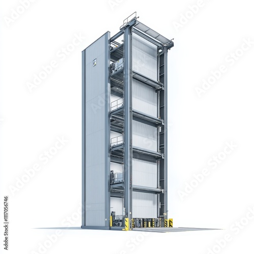 A tall, modern structure featuring multiple levels, designed for efficient vertical transportation or storage.