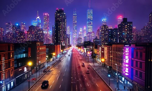A vibrant cityscape at night featuring illuminated buildings and busy streets.