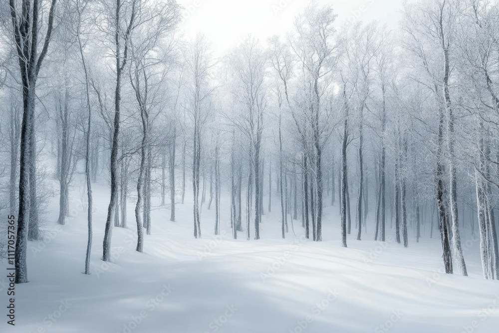 A serene winter landscape with snow-covered trees in a foggy atmosphere. A serene winter landscape with snow-covered trees in a foggy atmosphere.