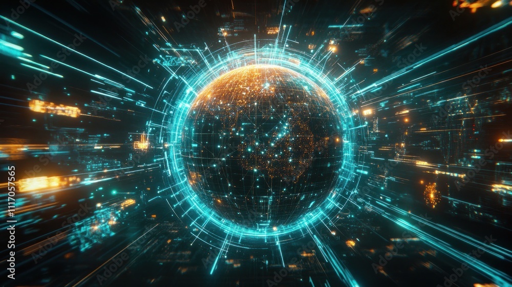 Fototapeta premium A digital representation of a glowing, interconnected globe surr