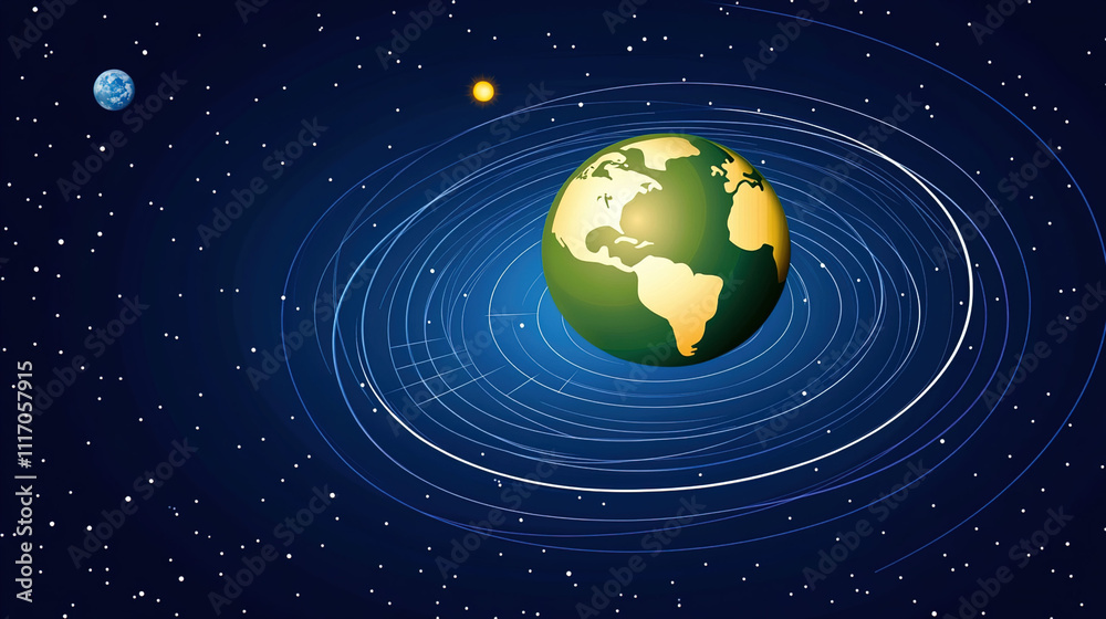 Naklejka premium Earth axis diagram illustration showing the tilt of the Earth's rotational axis relative to its orbital plane, explaining the cause of seasonal changes and the distribution of sunlight.