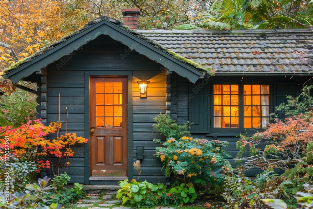 A small house with a green roof and a porch A small house with a green roof and a porch