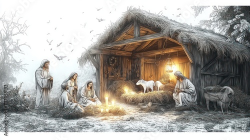 Nativity Scene with Mary Joseph and Baby Jesus in a Barn Candlelit Atmosphere Shepherds Bethlehem Stable