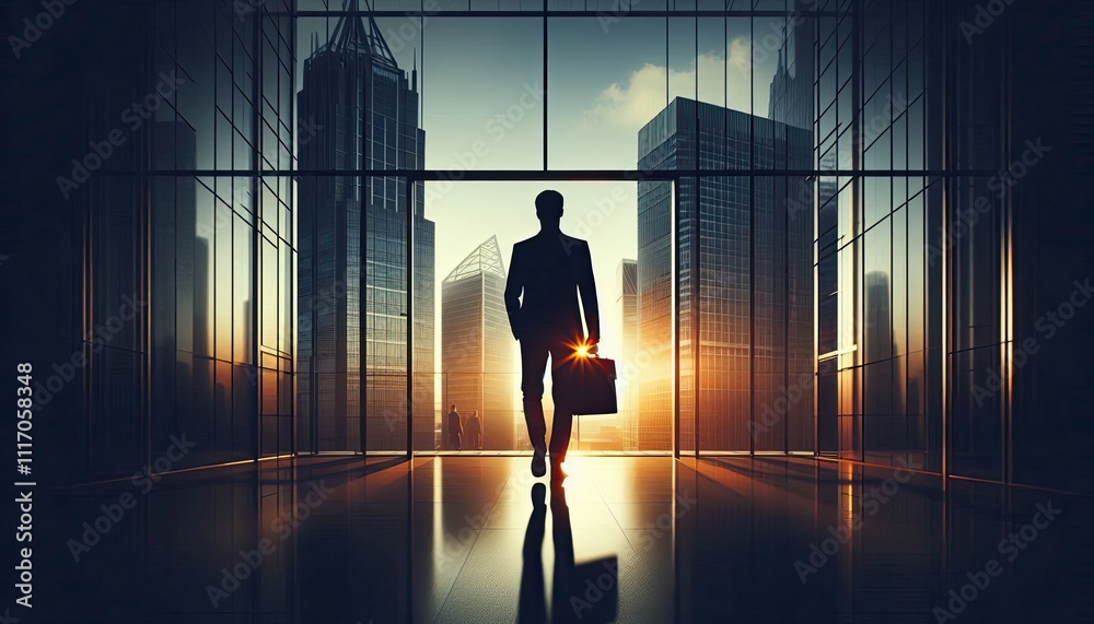 A person holding a briefcase walking into a corporate building, silhouette, action photography, aesthetics, A person holding a briefcase walking into a corporate building, silhouette, action photography, aesthetics,