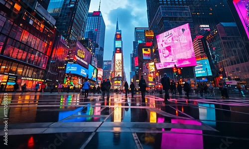 A vibrant, rainy evening in Times Square with colorful lights reflecting on wet pavement.