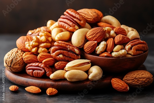 A variety of nuts and seeds in small bowls, showcasing healthy snack options on a kitchen countertop