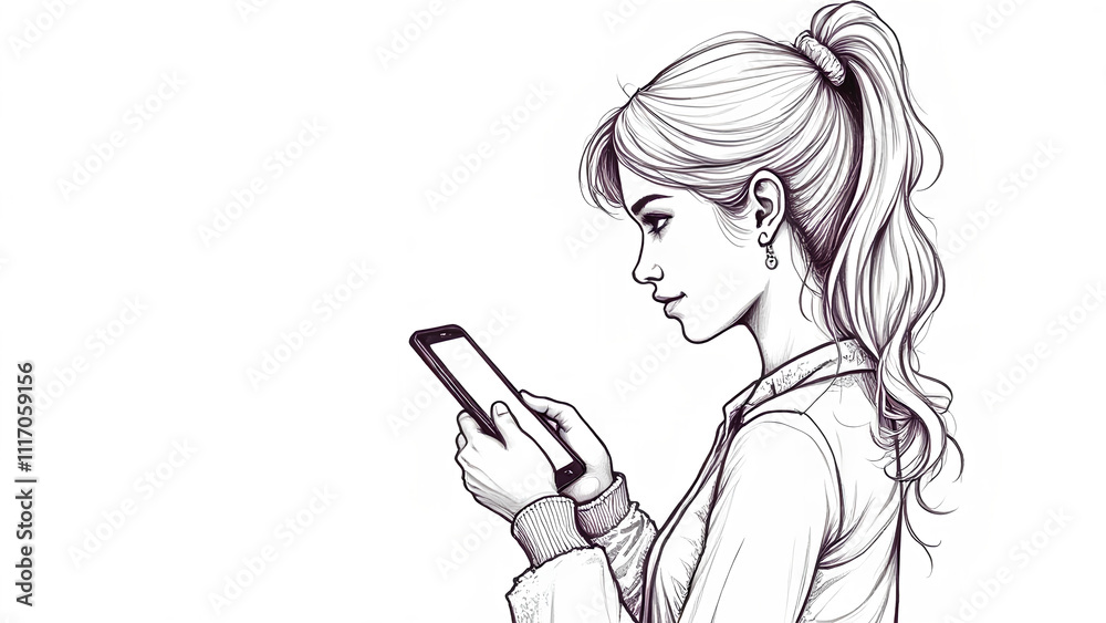 One-line drawing style a woman holding a smartphone in her hand and looking at it One-line drawing style a woman holding a smartphone in her hand and looking at it