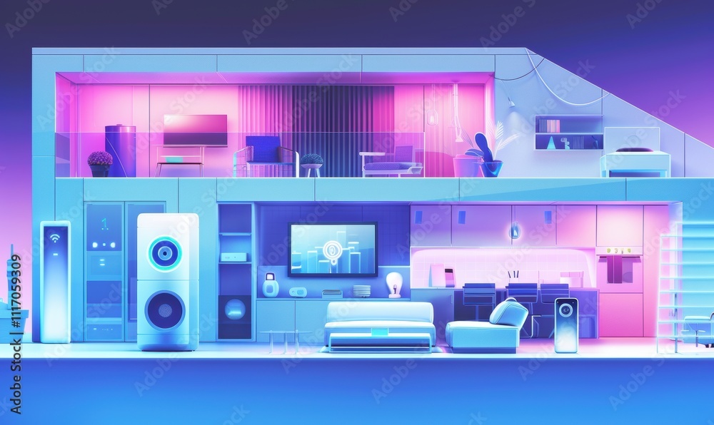 A modern, stylized interior showcasing smart home technology and design. A modern, stylized interior showcasing smart home technology and design.