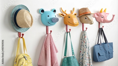 Colorful animal shaped wall hooks holding various items like hats, bags, and scarves, adding a touch of whimsy to an entryway or hallway photo