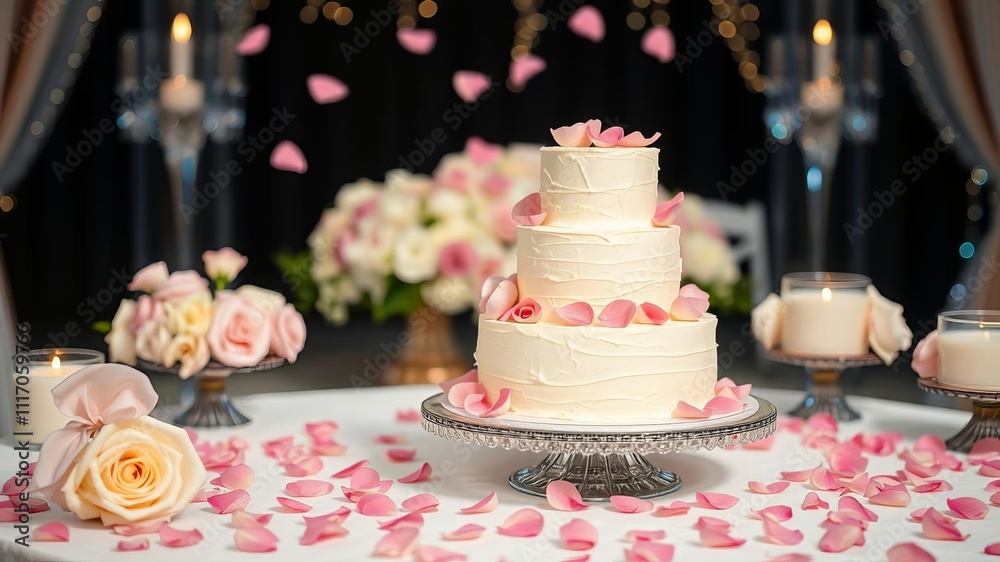 Elegant three tier wedding cake surrounded by floating petals in romantic setting, petals, setting Elegant three tier wedding cake surrounded by floating petals in romantic setting, petals, setting