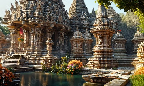 Intricate temple architecture surrounded by lush greenery and water features.