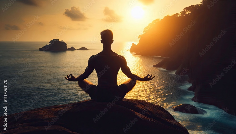 A person meditating on a cliff overlooking the ocean, silhouette, action photography, aesthetics, A person meditating on a cliff overlooking the ocean, silhouette, action photography, aesthetics,