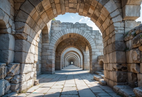 Ancient stone archway corridor illuminated by sunlight, showcasing symmetry, timeless architecture, and historic craftsmanship in a peaceful outdoor setting.
 photo