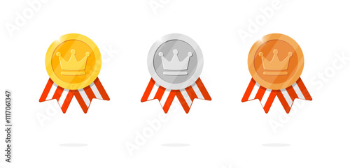 Gaming achievement award medal icon set with crown symbol and red striped ribbon. Winner place gold, silver, bronze ranking and quality medallion in royal theme. Game leader bonus animation badge