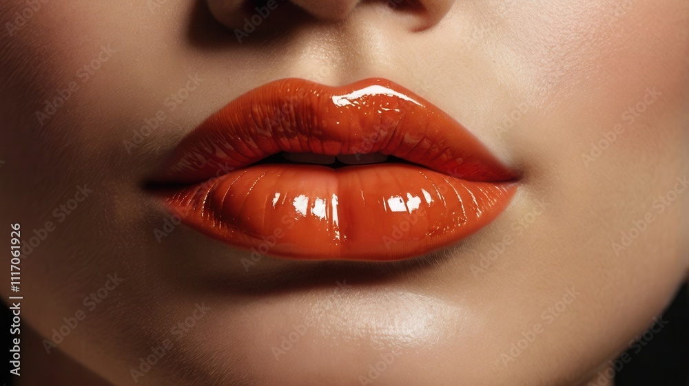 Glossy Orange Lips - Vibrant Close-Up Beauty Shot Glossy Orange Lips - Vibrant Close-Up Beauty Shot