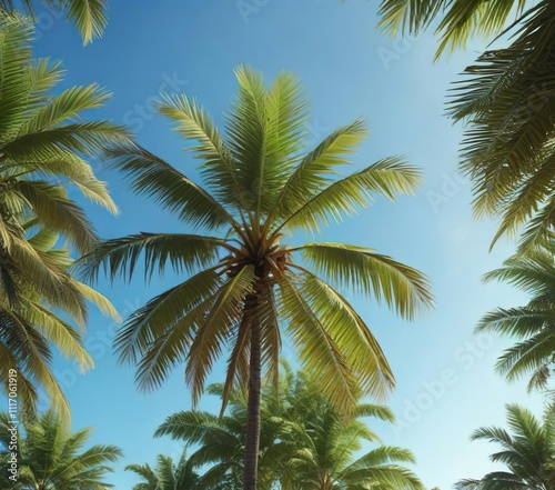 Wallpaper Mural Full view of coconut palm tree swaying gently in the breeze with leaves rustling softly against the clear blue sky, cloudy sky, leafy greens, relaxed ambiance Torontodigital.ca
