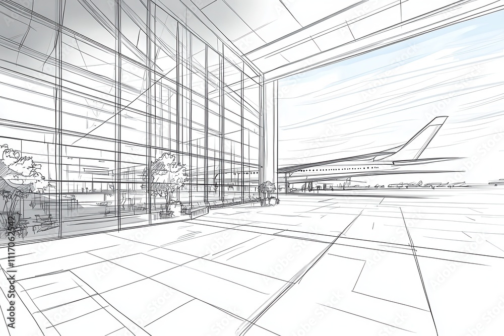 Sketch of Airport Terminal with Large Windows Sketch of Airport Terminal with Large Windows
