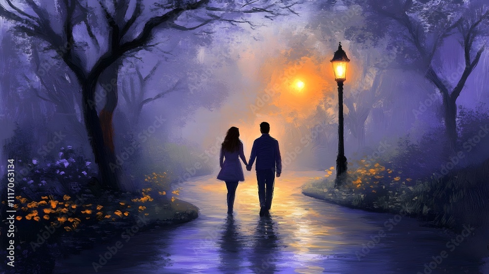 Silhouette of a couple holding hands walking on a path lit by a lamppost at dusk. Silhouette of a couple holding hands walking on a path lit by a lamppost at dusk.