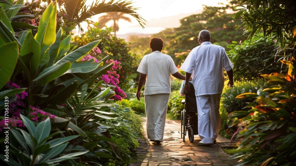 A couple is walking down a path in a garden A couple is walking down a path in a garden