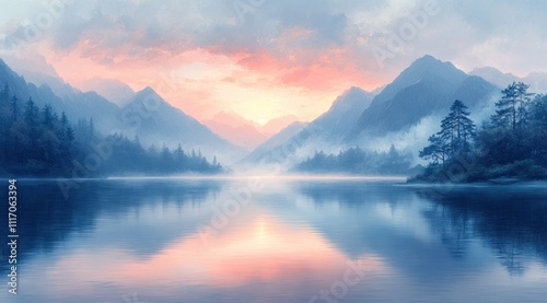 Tranquil Morning on Peaceful Bohinj Lake in Slovenia with Misty Mountains and Soft Pastel Colors