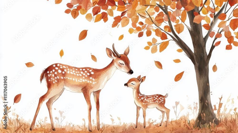 A serene autumn scene featuring a deer and its fawn surrounded by golden leaves in a calming natural setting. A serene autumn scene featuring a deer and its fawn surrounded by golden leaves in a calming natural setting.