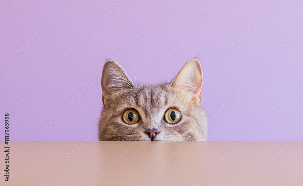 Obraz premium Curious British Shorthair cat peeking over table with wide eyes, set against pastel purple background. This playful scene captures cat inquisitive nature