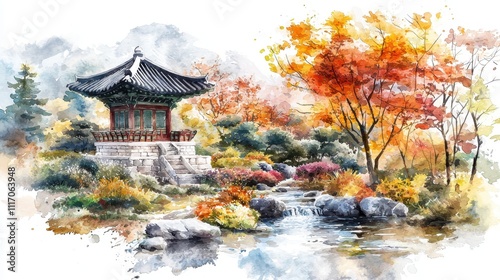 A serene autumn landscape featuring a traditional pavilion surrounded by colorful foliage and a gentle stream flowing nearby.