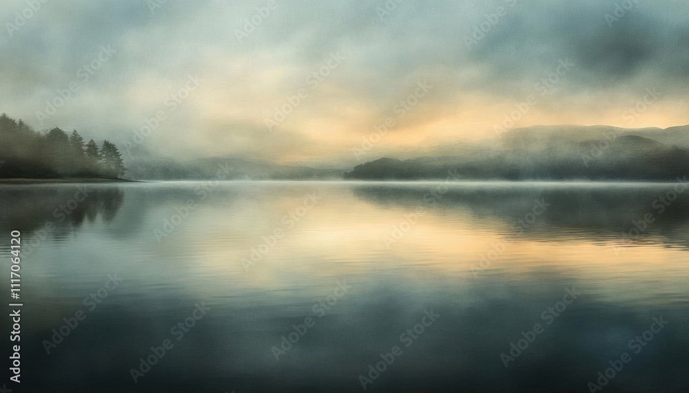 Fototapeta premium Serene lake landscape shrouded in mist during sunrise.