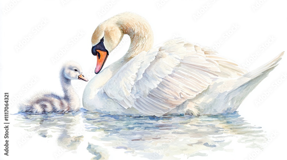 Obraz premium A serene scene of a mother swan and her cygnet gliding gracefully on calm waters, symbolizing love and family in nature.