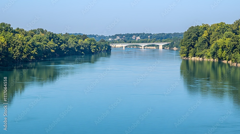 Fototapeta premium serene lake surrounded by lush green trees, reflecting a clear blue sky. New Covenant Land 