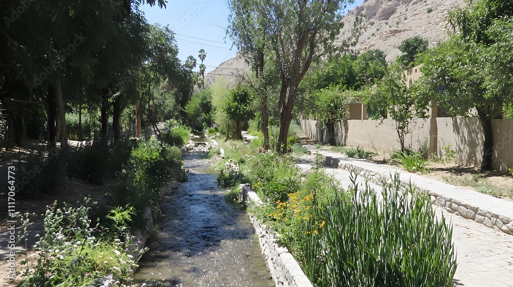 gentle stream flowing through a peaceful forest, symbolizing the flow of God's grace. New Covenant Land 