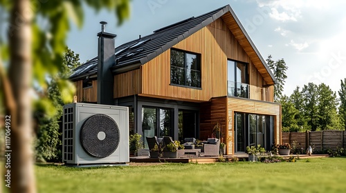 Modern house exterior with air conditioning unit in sunny backyard