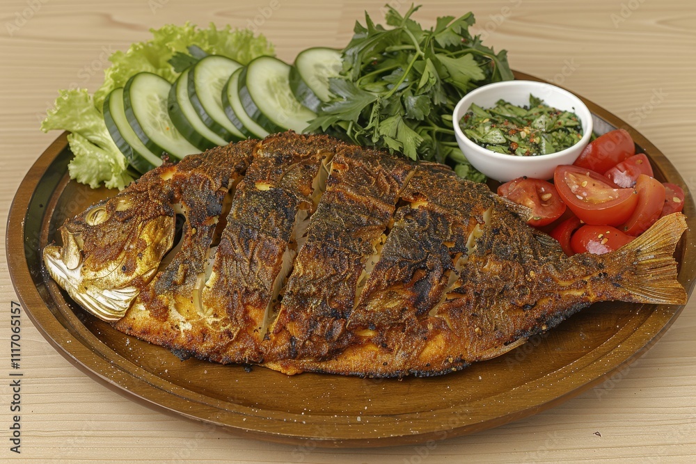 A plate of fish with vegetables on top A plate of fish with vegetables on top