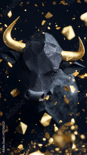 trading bull made out of stone with gold accents