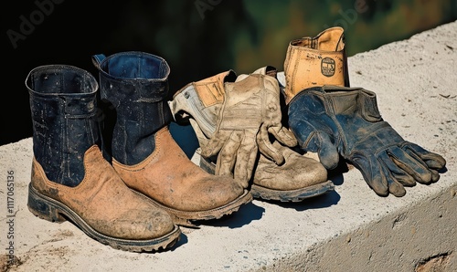 Work boots and gloves resting on a ledge after a hard day's labor.