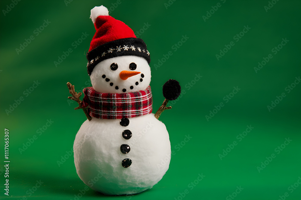 Festively decorated snowman with red hat and plaid scarf stands cheerfully against a green background during winter holiday season Festively decorated snowman with red hat and plaid scarf stands cheerfully against a green background during winter holiday season