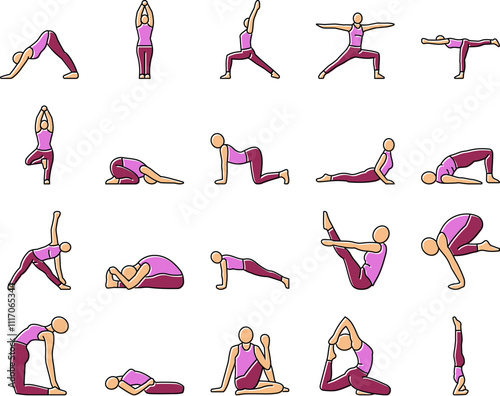 yoga exercises sport health icons set vector. workout healthy, fit woman, female balance, body people, home, pose gym, girl active yoga exercises sport health color line illustrations
