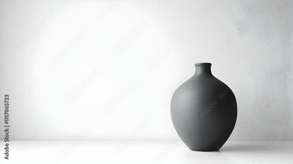 Simple black ceramic vase on white surface against a white wall.