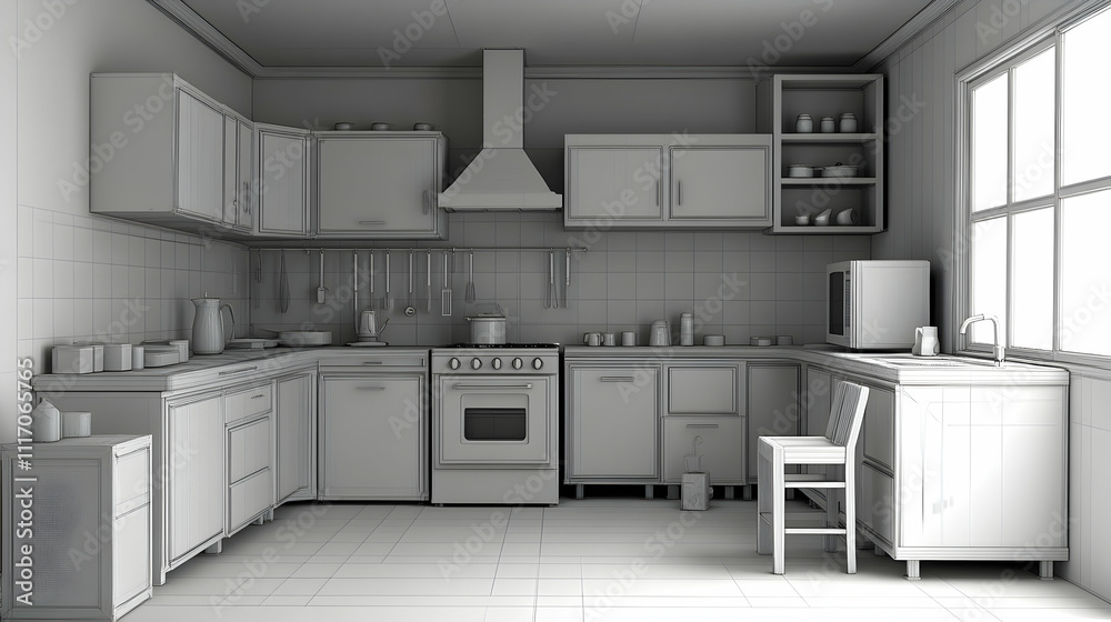 Simple monochrome 3D model of a corner kitchen with appliances, cabinets, and a chair. Simple monochrome 3D model of a corner kitchen with appliances, cabinets, and a chair.